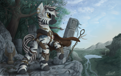 Size: 2250x1400 | Tagged: safe, artist:yakovlev-vad, oc, oc only, oc:lazy shadow, zebra, braid, forest, jewelry, knife, lake, looking forward, mountain, mountain range, necklace, rearing, scenery, solo, tail wrap, tree