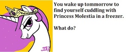 Size: 598x245 | Tagged: safe, artist:johnjoseco, princess celestia, princess molestia, g4, bedroom eyes, bronybait, female, forced fetish, freezer, freezer fetish, meme, solo, text, what do