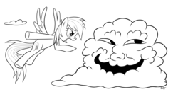 Size: 1080x560 | Tagged: safe, artist:sorcerushorserus, rainbow dash, g4, cloud, meme, monochrome, trollface