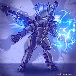 Size: 1280x1280 | Tagged: safe, artist:alumx, thunderlane, pegasus, pony, g4, bipedal, lightning, male, mecha, solo, stallion