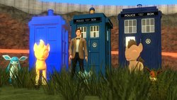 Size: 1191x670 | Tagged: safe, artist:php74, doctor whooves, time turner, eevee, glaceon, shinx, g4, 3d, crystal tardis, crystal whooves, doctor who, eleventh doctor, matt smith, pokémon, tardis, tardises