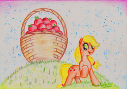 Size: 1280x901 | Tagged: safe, artist:arxuicy, applejack, g4, apple, basket, female, raised hoof, solo, traditional art