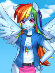 Size: 700x933 | Tagged: safe, artist:racoonsan, rainbow dash, equestria girls, g4, breasts, clothes, delicious flat chest, female, hand on hip, looking at you, ponied up, rainbow flat, solo