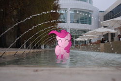 Size: 3872x2592 | Tagged: safe, artist:utterlyludicrous, pinkie pie, human, g4, building, fountain, irl, photo, ponies in real life, table, umbrella, vector, water