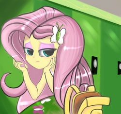 Size: 4250x4000 | Tagged: safe, artist:carligercarl, fluttershy, equestria girls, g4, absurd resolution, backpack, clothes, female, sad, skirt, solo, tank top