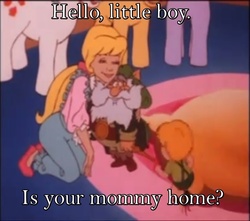 Size: 870x768 | Tagged: safe, edit, edited screencap, screencap, megan williams, moochick, pony, g1, my little pony 'n friends, caption, female, image macro, implications, male, mayve, out of context, stranger danger