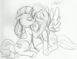 Size: 1584x1227 | Tagged: dead source, safe, artist:enigmaticfrustration, fluttershy, rarity, pegasus, pony, unicorn, female, flarity, kissing, lesbian, monochrome, onomatopoeia, pomf, shipping, sketch, spread wings, traditional art, wingboner, wings