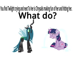 Size: 5000x4000 | Tagged: safe, queen chrysalis, twilight sparkle, changeling, changeling queen, pony, unicorn, g4, bronybait, crying, female, mare, meme, ocular gushers, text, unicorn twilight, what do