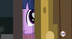 Size: 853x466 | Tagged: safe, screencap, twilight sparkle, a canterlot wedding, g4, door, female, hub logo, solo, voyeur, voyeurism