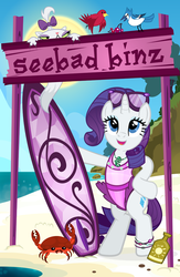Size: 652x1000 | Tagged: safe, artist:pixelkitties, opalescence, rarity, bird, blue jay, crab, pony, unicorn, g4, beach, bipedal, clothes, female, frilled swimsuit, germany, mare, one-piece swimsuit, pixelkitties' brilliant autograph media artwork, purple swimsuit, sunglasses, surfboard, swimsuit, tricolor swimsuit
