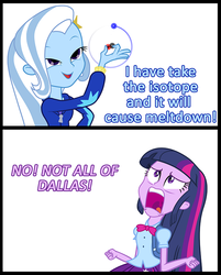 Size: 647x806 | Tagged: safe, trixie, twilight sparkle, equestria girls, g4, my little pony equestria girls, comic, exploitable meme, half-life, isotope, look what trixie found, meme, quarter-life: halfway to destruction, smitheroons, twiscream