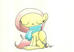 Size: 720x504 | Tagged: safe, artist:getchanoodlewet, fluttershy, g4, clothes, eyes closed, female, scarf, simple background, sitting, solo, traditional art