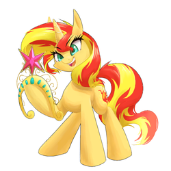 Size: 500x500 | Tagged: safe, artist:30clock, sunset shimmer, pony, unicorn, g4, big crown thingy, element of magic, female, pixiv, simple background, solo, white background