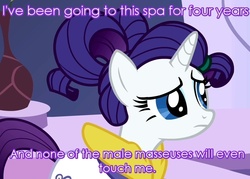 Size: 980x700 | Tagged: safe, screencap, rarity, g4, green isn't your color, bathrobe, clothes, female, first world problems, image macro, poor rarity, purple text, robe, solo, spa, text