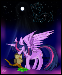 Size: 912x1094 | Tagged: safe, artist:batladie, owlowiscious, twilight sparkle, alicorn, pony, g4, female, mare, night, nuzzling, twilight sparkle (alicorn)