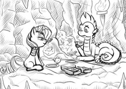 Size: 1000x706 | Tagged: safe, artist:pia-sama, rarity, spike, dragon, pony, unicorn, fanfic:greenfire, g4, fanfic, female, male, mare, monochrome, older, ship:sparity, shipping, sitting, straight, tea