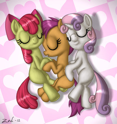 Size: 1224x1303 | Tagged: safe, artist:zed001, apple bloom, scootaloo, sweetie belle, g4, cutie mark crusaders, sleeping, snuggling