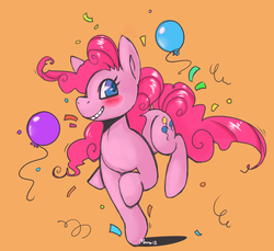 Size: 942x861 | Tagged: safe, artist:morthern, pinkie pie, earth pony, pony, g4, balloon, blushing, colored pupils, confetti, female, mare, orange background, simple background, smiling, solo