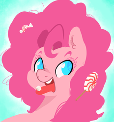 Size: 1220x1312 | Tagged: safe, artist:twitchykismet, pinkie pie, g4, afro, candy, female, lollipop, portrait, solo, sticky, sugar rush, sugarcube, tongue out