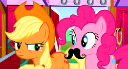 Size: 1280x690 | Tagged: safe, edit, screencap, applejack, pinkie pie, g4, moustache