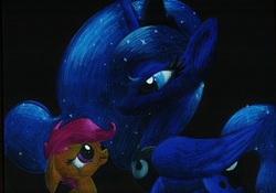 Size: 1280x898 | Tagged: safe, artist:getchanoodlewet, princess luna, scootaloo, g4, crying, eye contact, floppy ears, frown, sad, traditional art