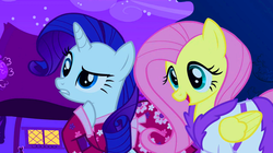 Size: 500x279 | Tagged: safe, screencap, fluttershy, rarity, g4, read it and weep, bathrobe, clothes, robe