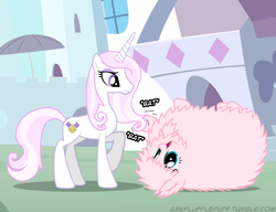 Size: 650x500 | Tagged: safe, artist:mixermike622, fleur-de-lis, oc, oc:fluffle puff, pony, unicorn, tumblr:ask fluffle puff, g4, behaving like a cat, concave belly, female, fluffle cat, horn, mare, playing with hair, slender, thin, tumblr