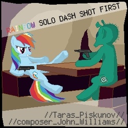Size: 300x300 | Tagged: dead source, safe, artist:distoorted, rainbow dash, rodian, g4, chalmun's cantina, duo, george lucas is a duck, greedo, gun, han shot first, parody, ponified, star wars