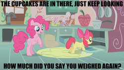 Size: 1280x720 | Tagged: safe, edit, edited screencap, screencap, apple bloom, pinkie pie, earth pony, pony, fanfic:cupcakes, g4, butt, caption, female, filly, image macro, mare, out of context, plot, text