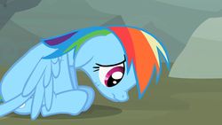 Size: 1280x720 | Tagged: safe, screencap, rainbow dash, pegasus, pony, g4, may the best pet win, about to cry, female, sad, scrunchy face, solo