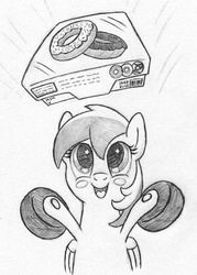 Size: 857x1200 | Tagged: safe, artist:php87, oc, oc only, oc:wheely bopper, original species, wheelpone, :d, barcode, box, donut, floating, food, grayscale, happy, levitation, monochrome, packaging, sketch, solo, sparkle, traditional art
