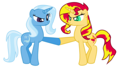 Size: 1819x1030 | Tagged: safe, artist:ask-makayla, sunset shimmer, trixie, pony, unicorn, g4, hoofbump