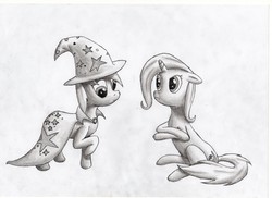 Size: 11699x8500 | Tagged: safe, artist:ravirr94, derpy hooves, trixie, pegasus, pony, g4, absurd resolution, accessory swap, female, mare, monochrome, the great and powerful
