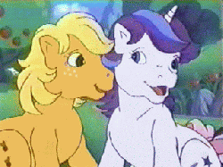 Size: 320x240 | Tagged: safe, screencap, applejack (g1), glory, earth pony, pony, unicorn, g1, rescue at midnight castle, animated, bow, cute, duo, face licking, female, jackabetes, licking, mare, silly, silly pony, tail bow, who's a silly pony