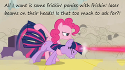 Size: 1063x594 | Tagged: safe, edit, edited screencap, screencap, pinkie pie, twilight sparkle, earth pony, pony, unicorn, a canterlot wedding, g4, my little pony: friendship is magic, austin powers, behaving like a weapon, female, insane pony thread, laser, mare, minigun, movie reference, tumblr, twigun