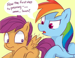 Size: 643x498 | Tagged: safe, artist:lance, rainbow dash, scootaloo, pegasus, pony, g4, awkward, blushing, duo, female, filly, implied foalcon, lesbian, mare, open mouth, preening, pseudoincest, scared, ship:scootadash, shipping, wingboner