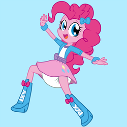 Size: 1500x1500 | Tagged: safe, artist:fillyscoots42, pinkie pie, human, equestria girls, g4, blue background, boots, clothes, cute, diaper, diapered, diapinkes, female, non-baby in diaper, poofy diaper, shoes, simple background, skirt, solo, white diaper