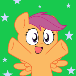 Size: 553x554 | Tagged: safe, artist:pupster0071, scootaloo, pegasus, pony, g4, :d, female, filly, green background, looking at you, nya, simple background, solo, spread wings, stars, underhoof