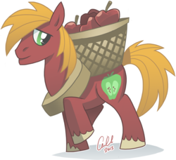 Size: 800x729 | Tagged: safe, artist:crikeydave, big macintosh, earth pony, pony, g4, apple, basket, carrying, male, simple background, solo, stallion, transparent background, working