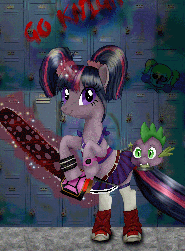 Size: 2919x3963 | Tagged: safe, artist:jaime912, spike, twilight sparkle, pony, unicorn, g4, bipedal, blood, chainsaw, clothes, cosplay, costume, disembodied head, female, gif, lollipop chainsaw, male, non-animated gif, ship:twispike, shipping, shoes, sneakers, straight