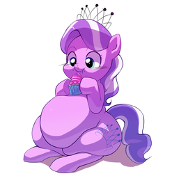 Size: 1280x1295 | Tagged: safe, artist:trinity-fate62, diamond tiara, earth pony, pony, g4, belly, chubby diamond, cupcake, eating, fat, female, filly, obese, simple background, solo, white background