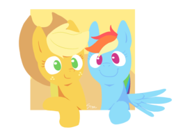 Size: 959x739 | Tagged: safe, artist:sion, applejack, rainbow dash, g4, female, fourth wall, lesbian, pixiv, ship:appledash, shipping