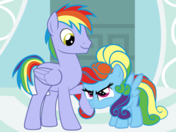 Size: 5000x3750 | Tagged: safe, artist:beavernator, rainbow blaze, rainbow dash, pegasus, pony, g3, g3.5, g4, 2013, alternate hairstyle, duo, duo male and female, female, filly, filly rainbow dash, looking at each other, looking at someone, makeover, male, pouting, rainbow dash always dresses in style, stallion, younger