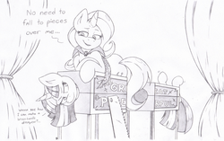 Size: 1290x812 | Tagged: safe, artist:joey darkmeat, trixie, twilight sparkle, pony, unicorn, g4, annoyed, bedroom eyes, box sawing trick, cape, clothes, crosscut saw, cut-up by joey darkmeat, dialogue, eye contact, female, frown, glare, grin, half, hoofy-kicks, legs in air, lesbian, looking at each other, magic trick, mare, modular, monochrome, prone, pun, saw, ship:twixie, shipping, sketch, smiling, teasing, traditional art, trixie's cape, unamused