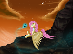 Size: 1600x1200 | Tagged: dead source, safe, artist:sevenada, fluttershy, butterfly, pegasus, pony, g4, cloud, female, magic, orange sky, rock, scenery, solo, stars