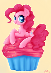 Size: 952x1368 | Tagged: safe, artist:trefleix, pinkie pie, earth pony, pony, g4, cupcake, cute, diapinkes, female, mare, micro, ponies in food, prone, solo