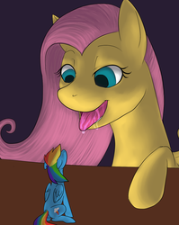 Size: 1257x1580 | Tagged: safe, artist:trickypup, fluttershy, rainbow dash, g4, drool, fetish, flutterpred, imminent vore, kitchen eyes, macro, macro/micro, micro, table, tongue out