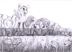 Size: 900x645 | Tagged: safe, artist:cannibalus, carrot top, derpy hooves, golden harvest, pegasus, piranha, pony, g4, animal, female, grayscale, mare, monochrome, river, traditional art, water