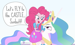 Size: 870x525 | Tagged: safe, artist:dm29, pinkie pie, princess celestia, alicorn, pony, equestria girls, g4, celestia is not amused, don't call me sunbutt, duo, female, let's fly to the castle, mare, pinkie pie riding celestia, riding, square crossover, this will end in tears and/or a journey to the moon, unamused