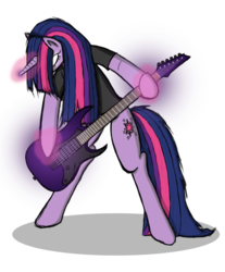 Size: 754x912 | Tagged: safe, artist:raynebowcrash, twilight sparkle, pony, g4, bipedal, female, glowing hooves, glowing horn, guitar, horn, simple background, solo, transparent background